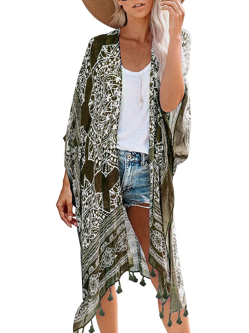Breezy Lane Kimonos for Women Beach Coverup Summer Cardigan with Green Boho Print Tassel - Image 1